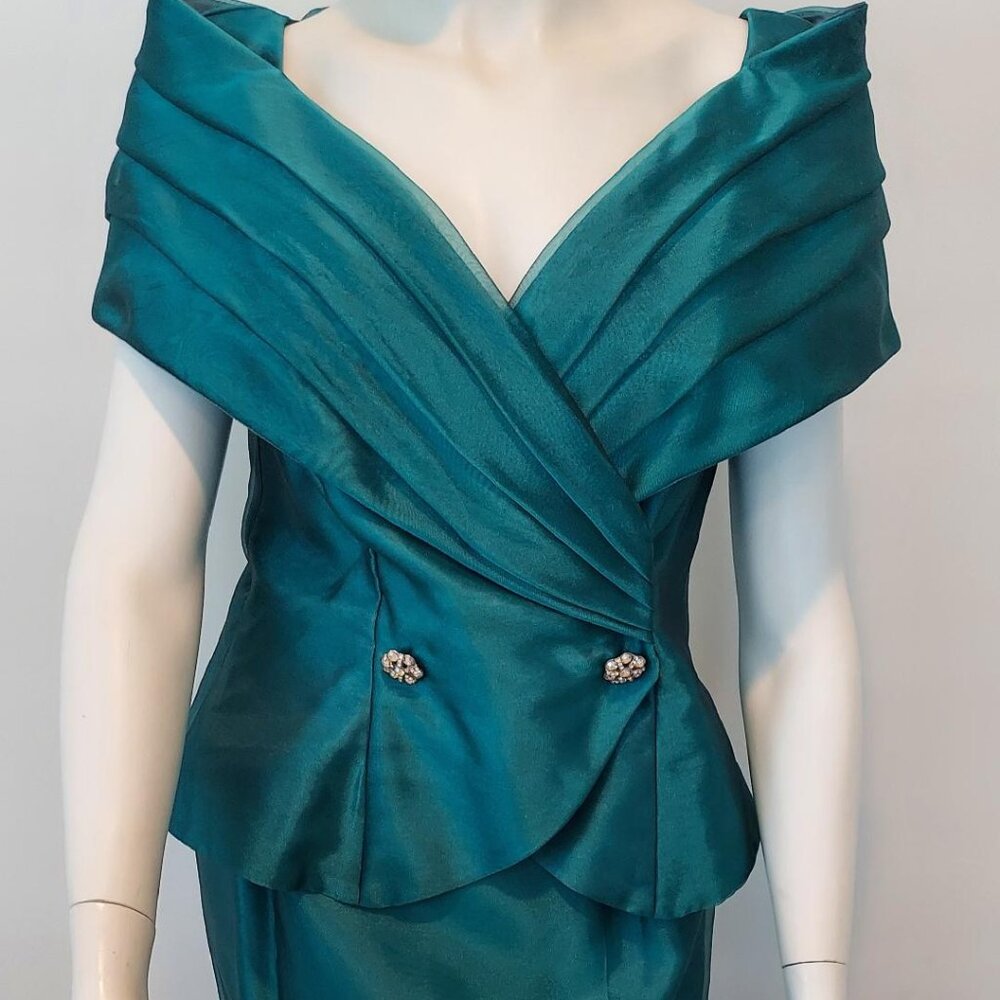 Vintage Watters 2 Piece Teal Gown Set Off Shoulder Peplum Skirt size 6